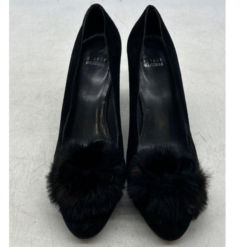 Stuart Weitzman Classic Black Suede Heels Pump w/ Fur Pom Pom Womens Size 10 - Picture 3 of 13